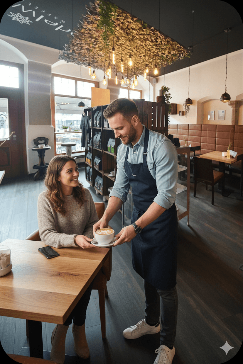 Gemütliches Café-Interieur mit Bar und hängenden Lampen